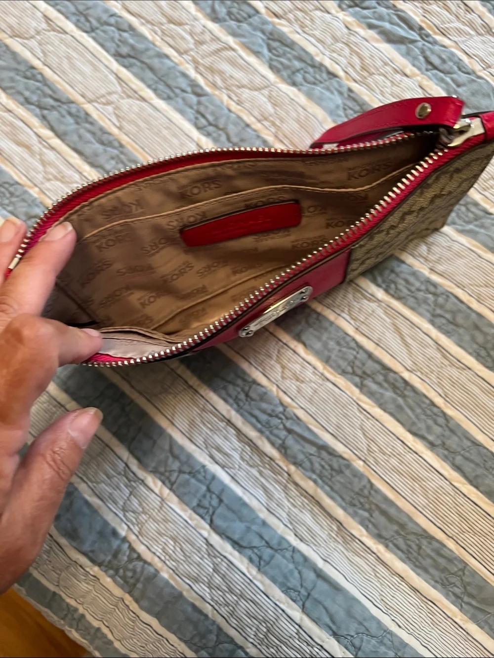 Michael Kors Brown Monogram Wristlet with PINK Center Panel